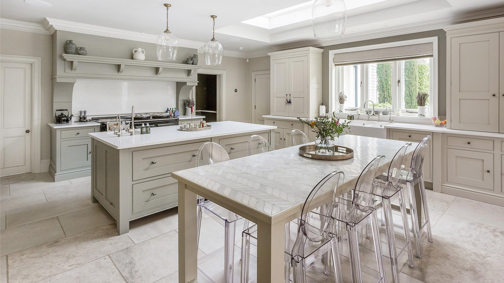 open plan kitchen with marble floor